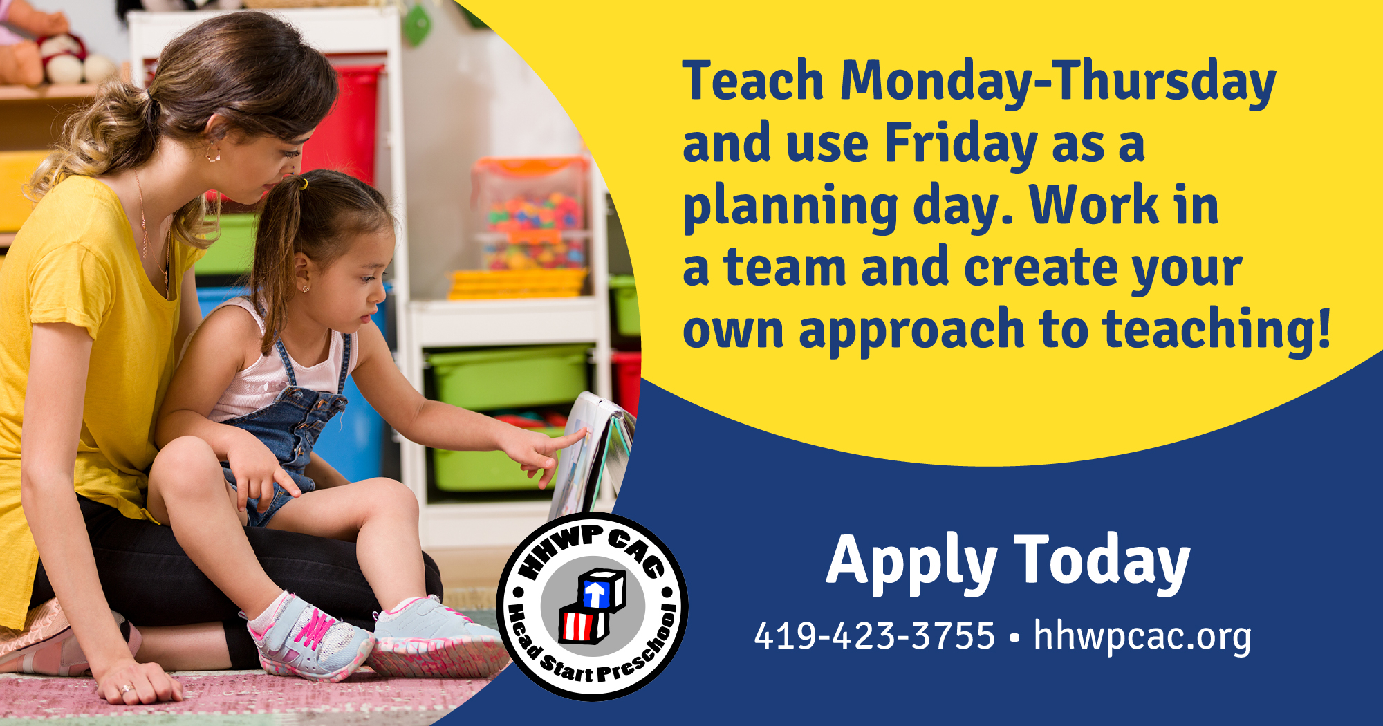 Apply today for head start teaching positions 419-423-3755
